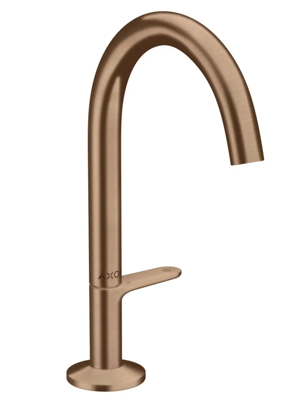 Waschtischmischer in Brushed Red Gold von AXOR, mit hochgezogenem Auslauf und seitlichem Bedienhebel. Integrierte Push-Open Ablaufgarnitur.